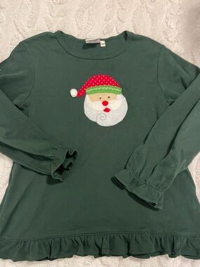 Girls' Dark Green Santa Appliqué Ruffle Long-Sleeve Top by